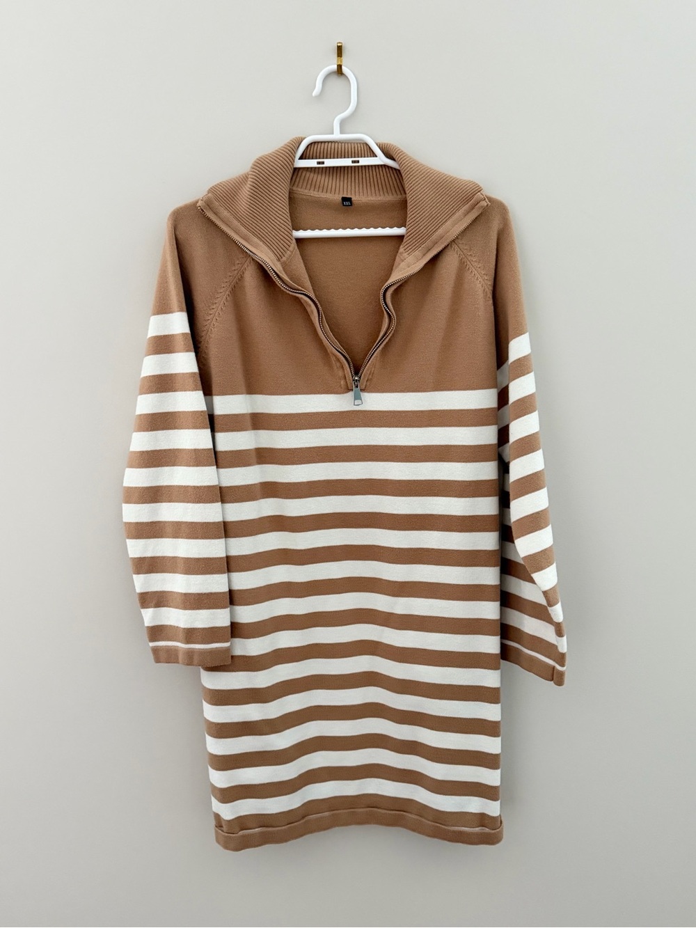 Striped Half-Zip Sweater Dress in Camel and White - Picture 1 of 4